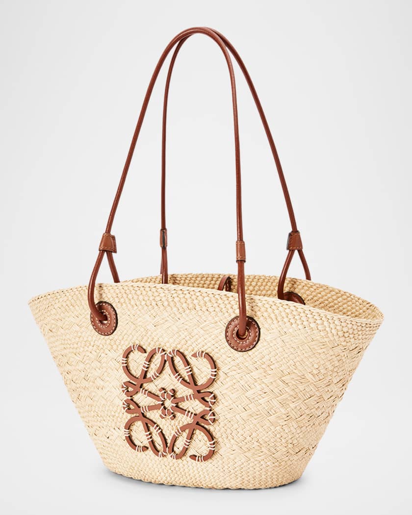 x Paula's Ibiza Anagram Small Basket Bag in Iraca Palm with Leather Handles