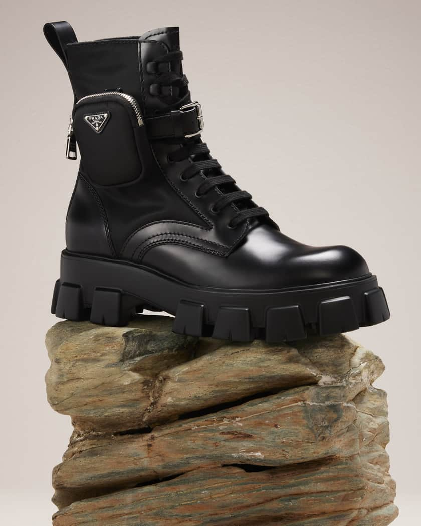 Prada Men's Re-Nylon & Leather Zip Pocket Combat Boots | Neiman Marcus