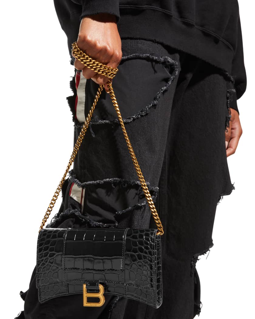 Hourglass Croc Effect Leather Wallet On Chain in Black - Balenciaga