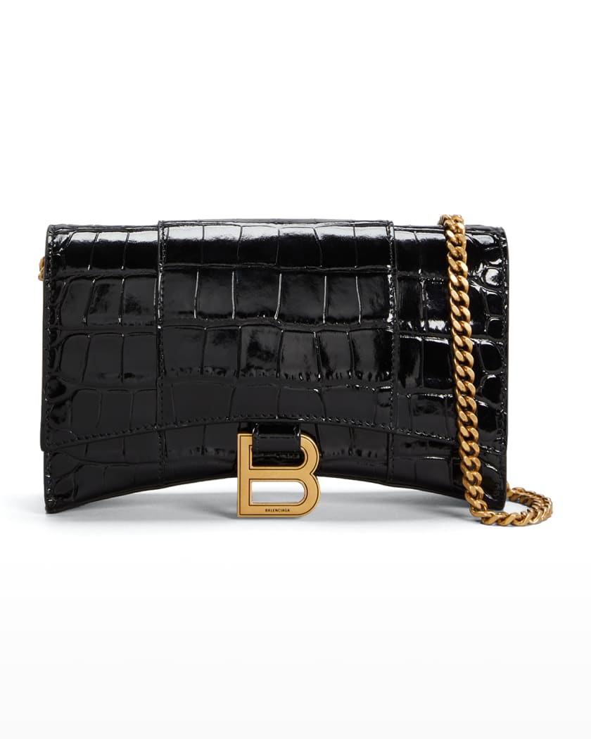 Balenciaga Women Hourglass wallet on chain in black crocodile