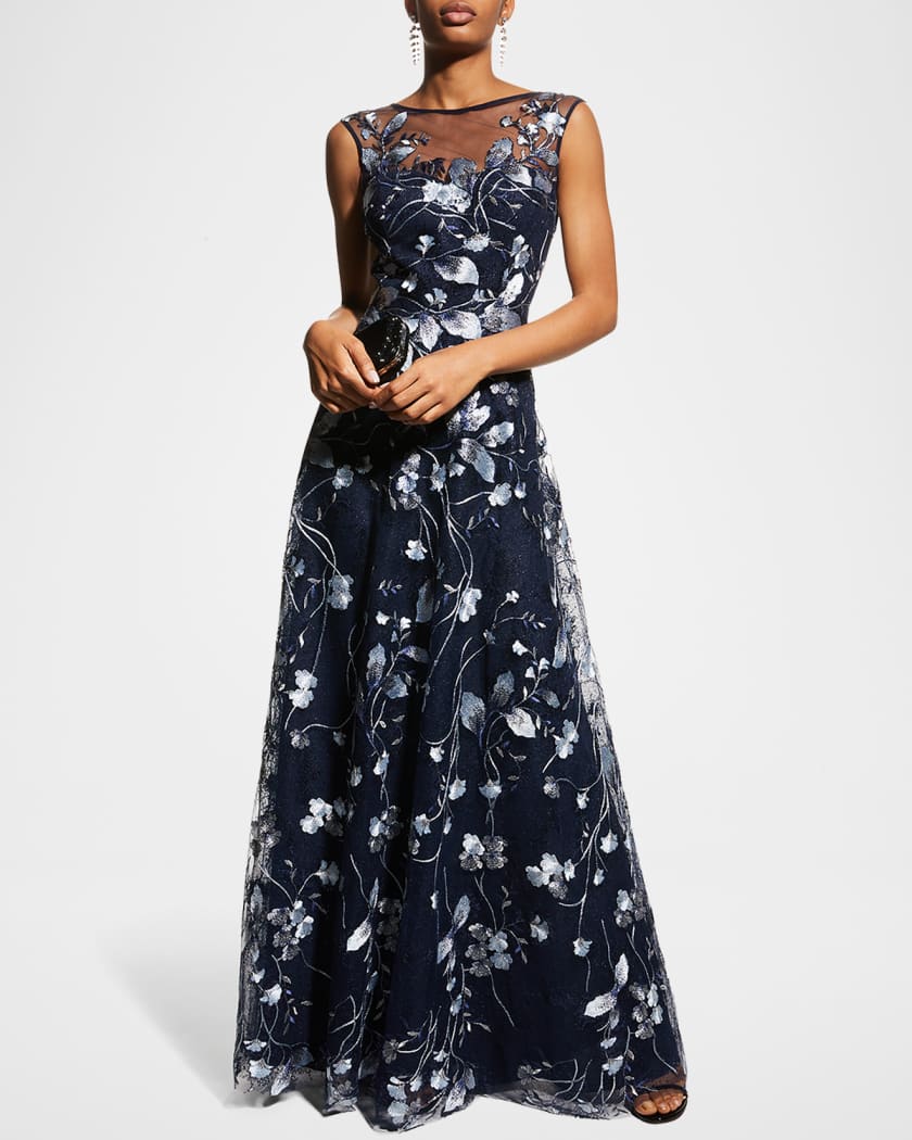 Cap-Sleeve Embroidered Tulle A-Line Gown