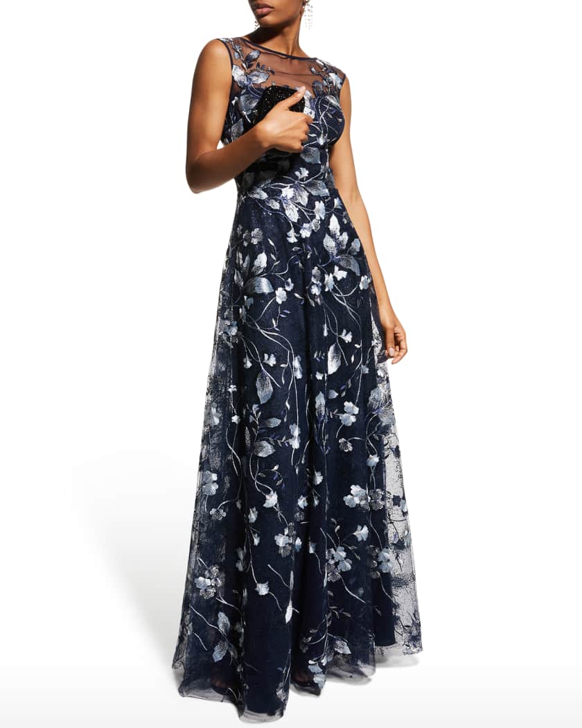 Cap-Sleeve Embroidered Tulle A-Line Gown