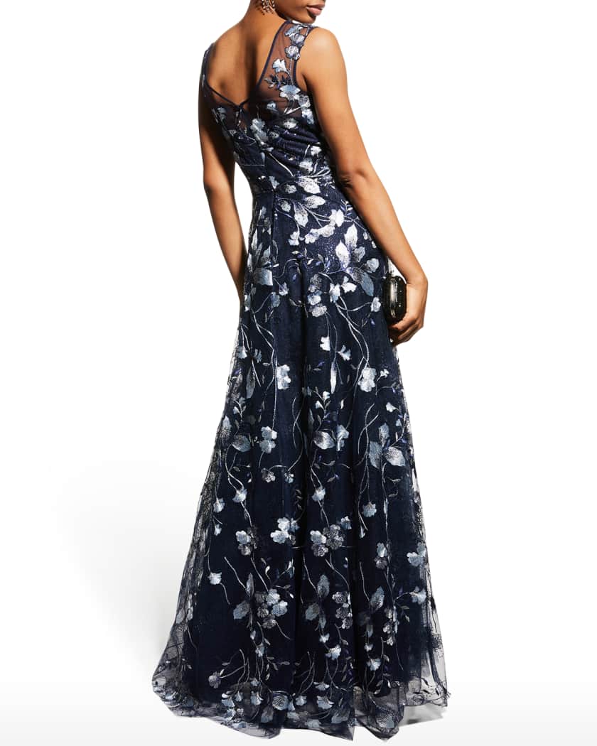 Cap-Sleeve Embroidered Tulle A-Line Gown