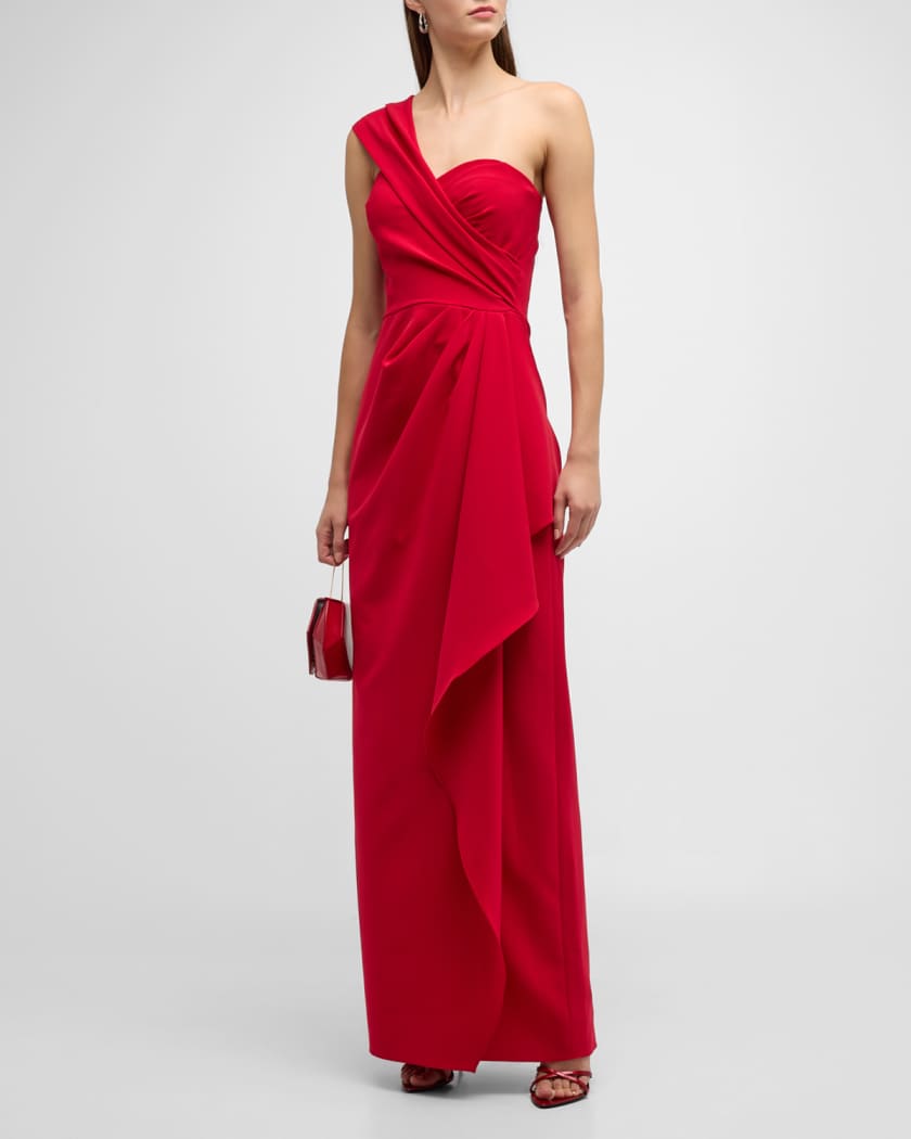 Rickie Freeman for Teri Jon One-Shoulder Draped Stretch Crepe Gown