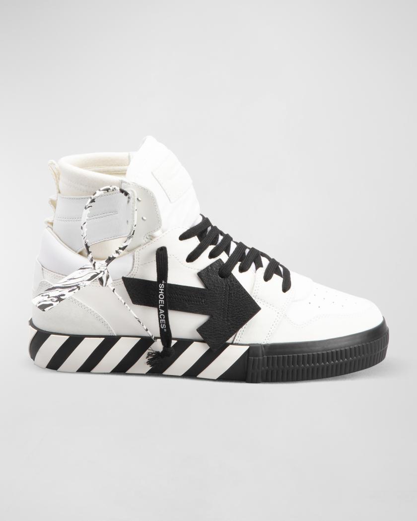 Off-White Men's Arrow Leather Vulcanized High-Top Sneakers, White/Black, Men's, 8D, Sneakers \u0026 Trainers High Top Sneakers