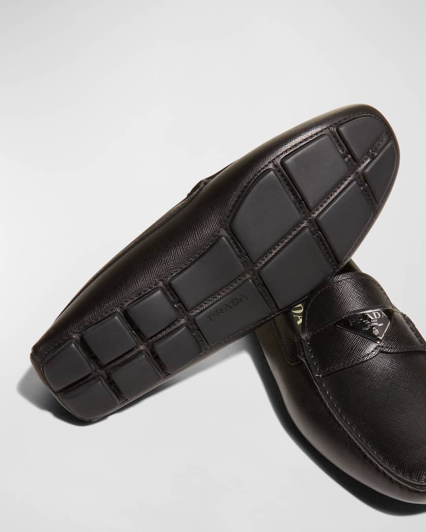 Prada Men's Triangle Logo Leather Drivers | Neiman Marcus