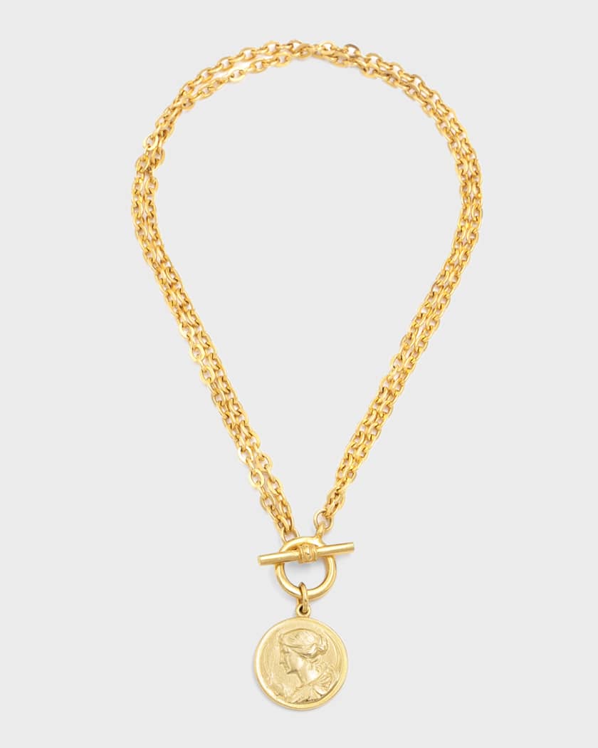 Gold Two-Row Chain Necklace w/ Coin Pendant