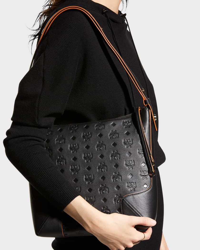 Small Aren Flap Hobo Bag in Embossed Monogram Leather Black