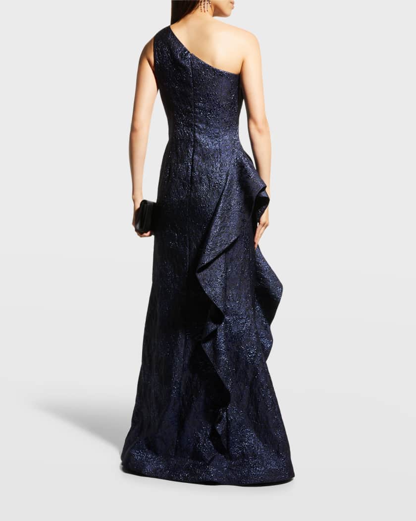One-Shoulder Jacquard Side-Ruffle Gown