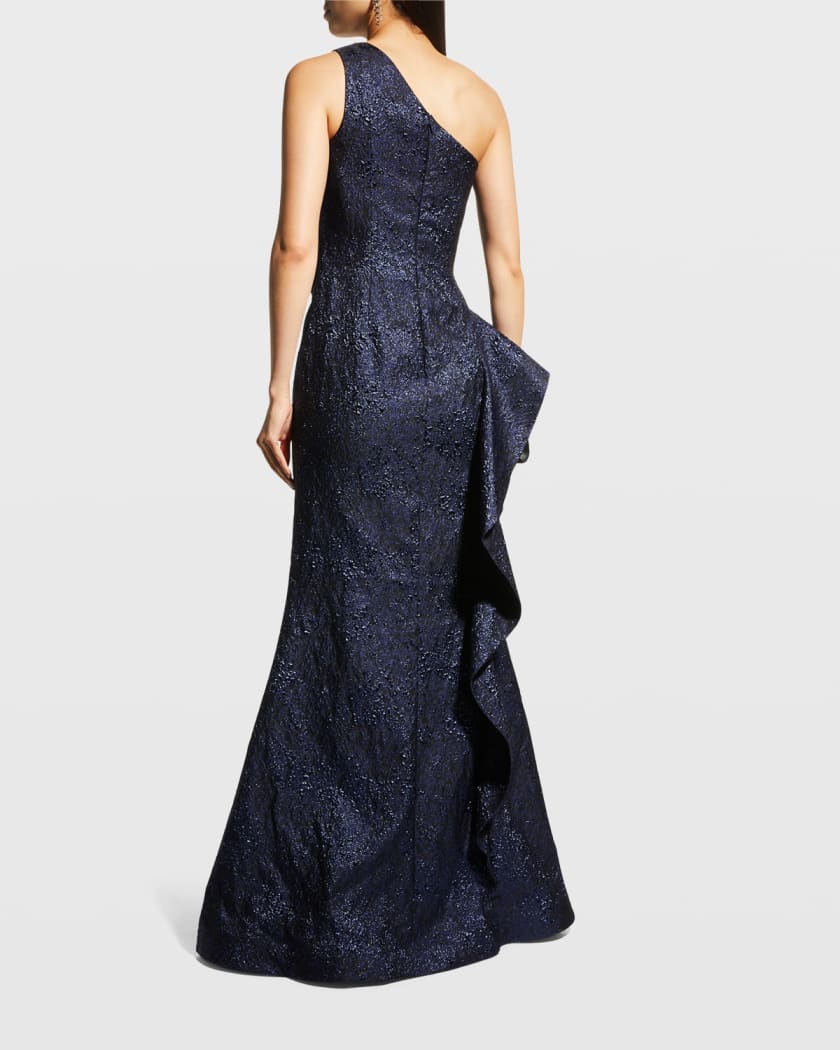 One-Shoulder Jacquard Side-Ruffle Gown