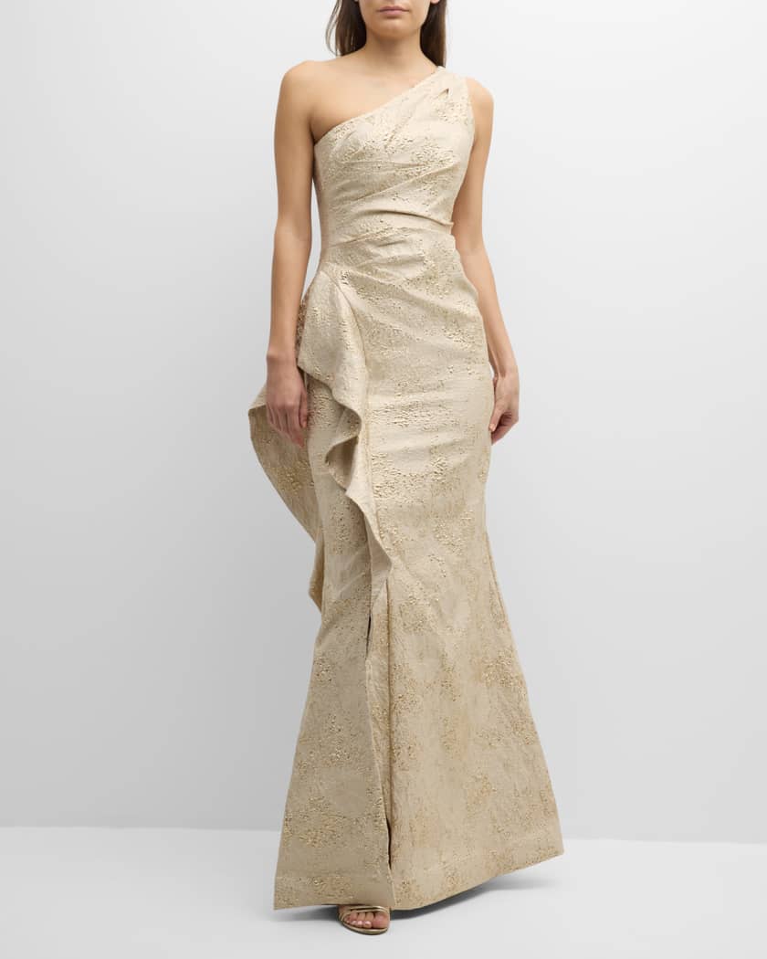 Rickie Freeman for Teri Jon One-Shoulder Jacquard Side-Ruffle Gown