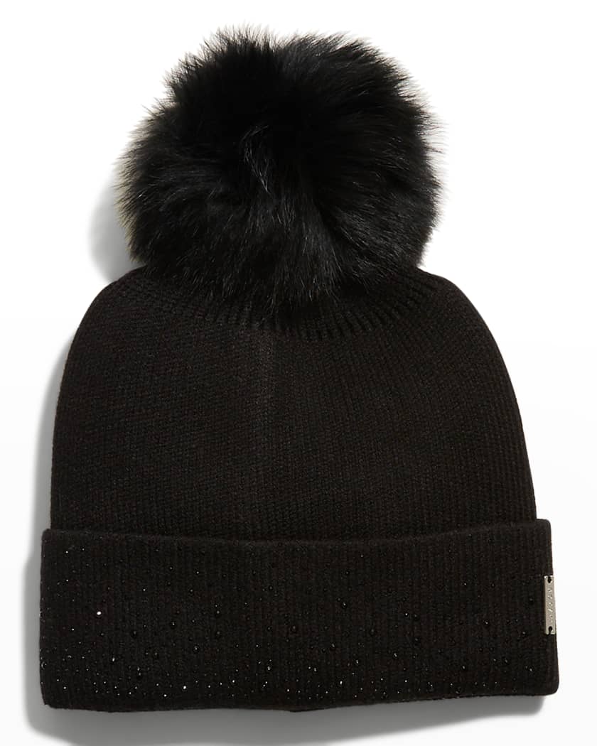 Gorski Crystal Knit Beanie w/ Fur