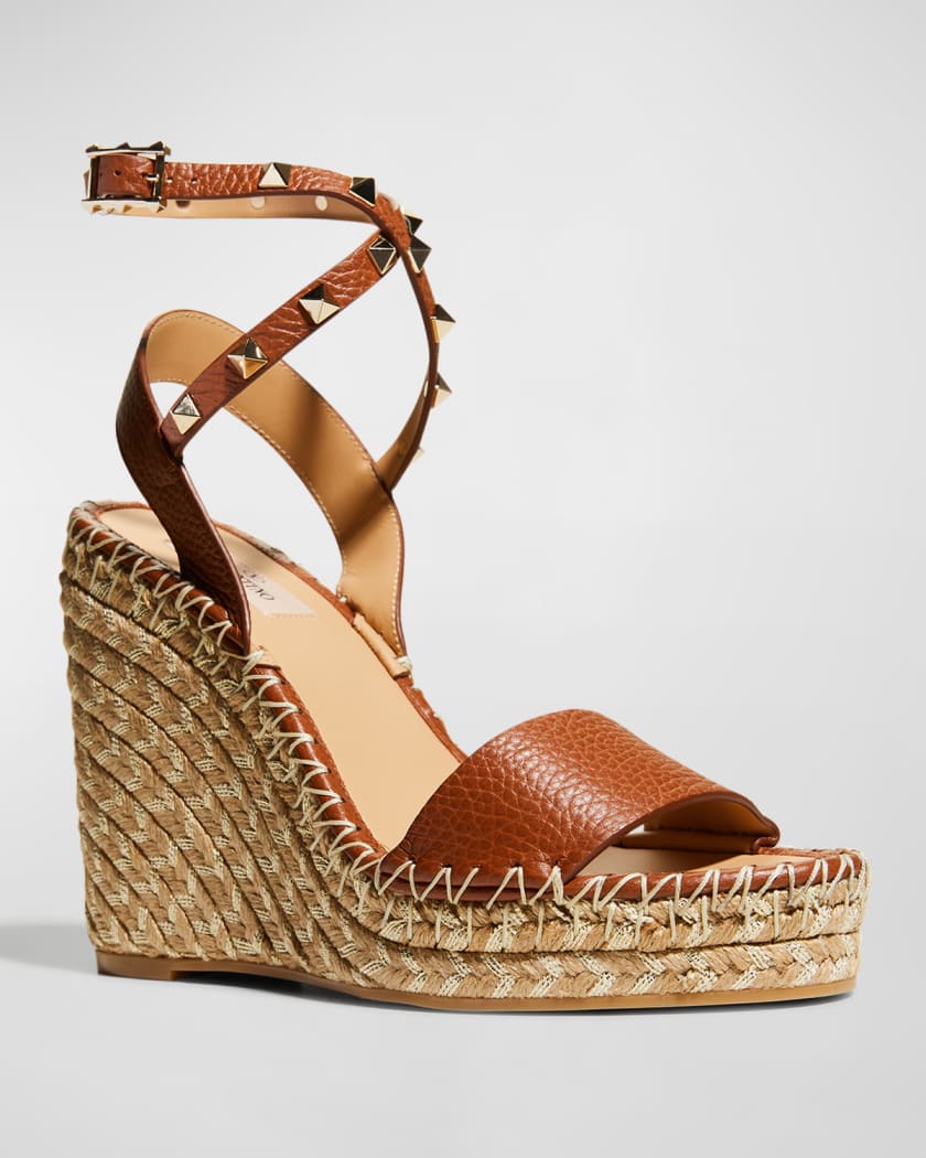 Valentino Blue Denim Rockstud Espadrille Wedge Ankle-Strap Pumps