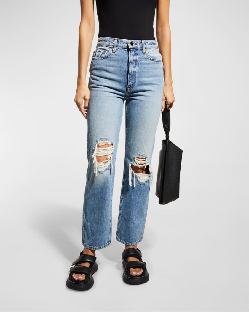 Two Tone High Rise Wide Leg Distressed Jeans - Abigail's