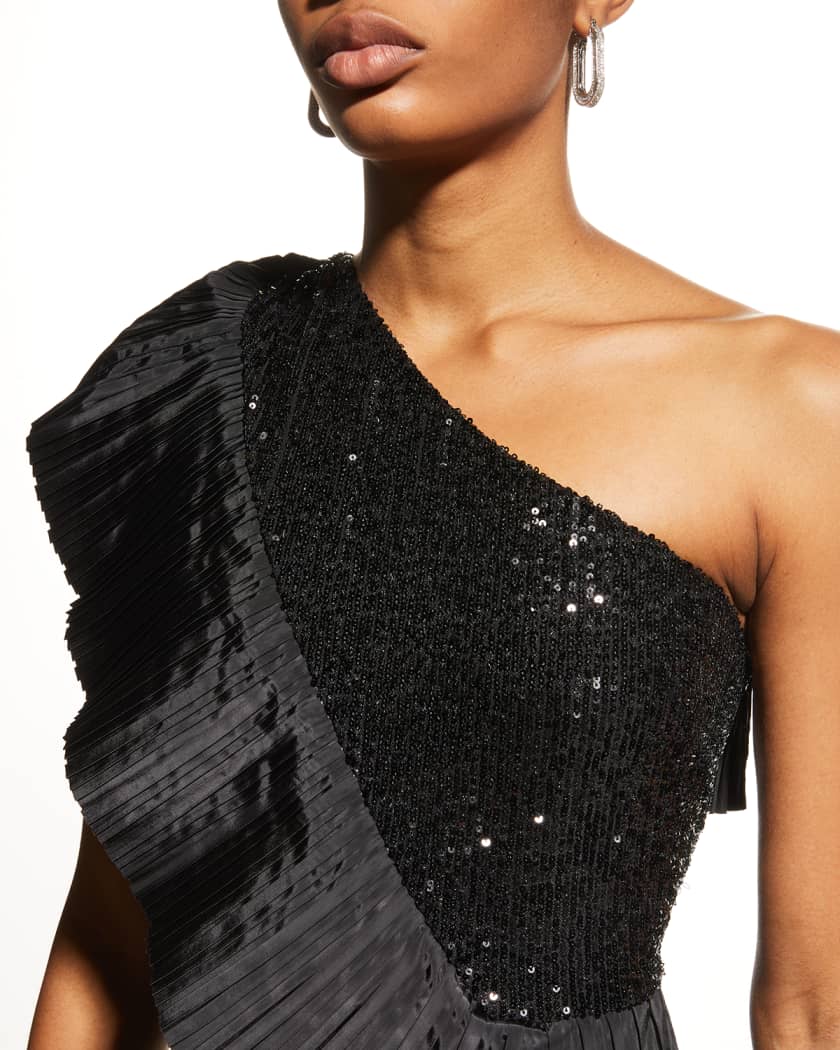 One33 Social One Shoulder Pleated Taffeta Sequin Gown Neiman Marcus