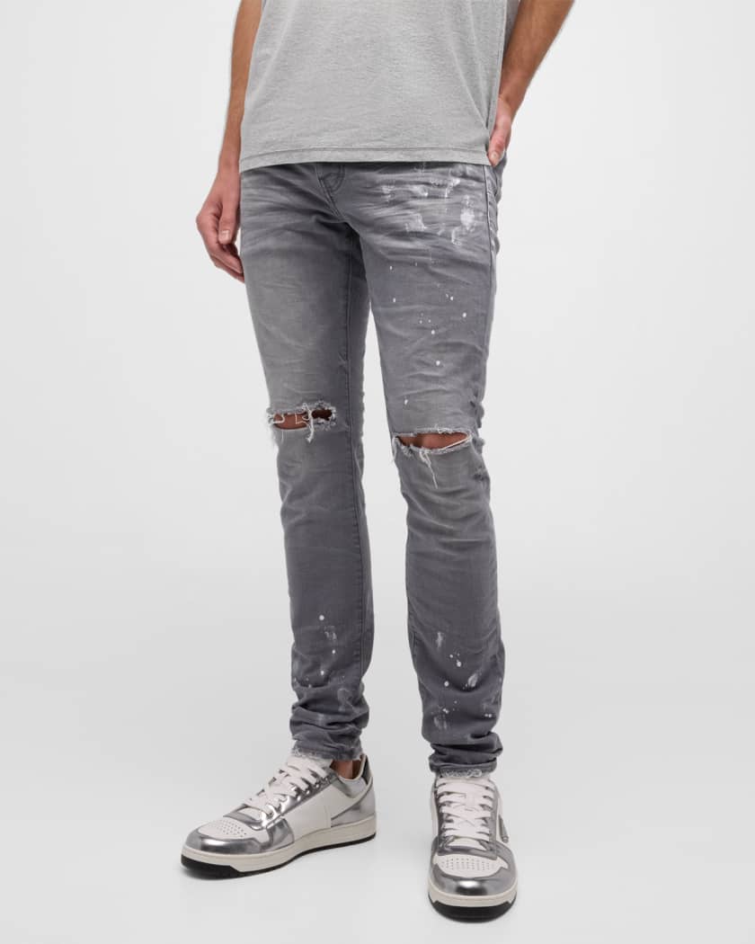 PURPLE BRAND Paint-splatter Skinny Jeans, Knee Slits - Grey