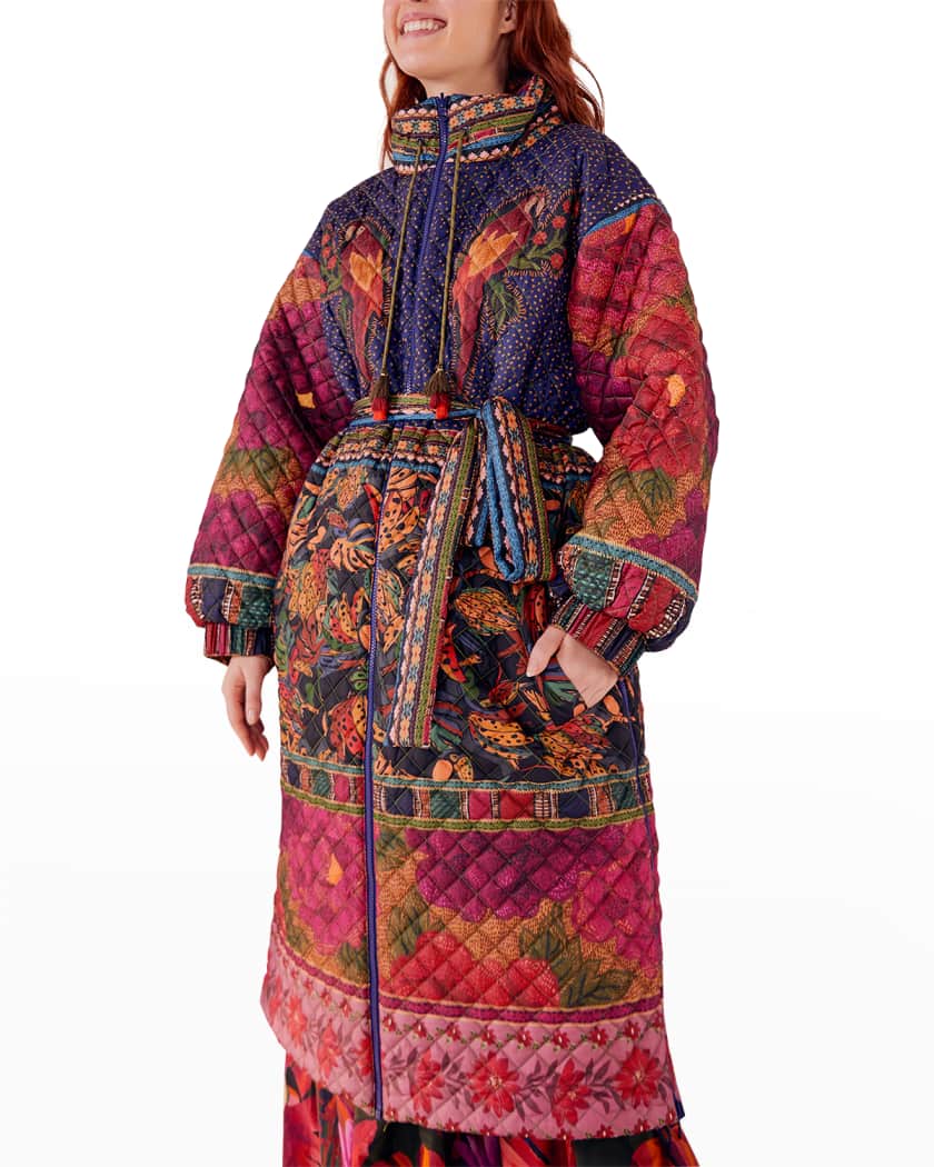 Farm Rio Mixed Patchwork Midi Puffer Jacket Neiman Marcus