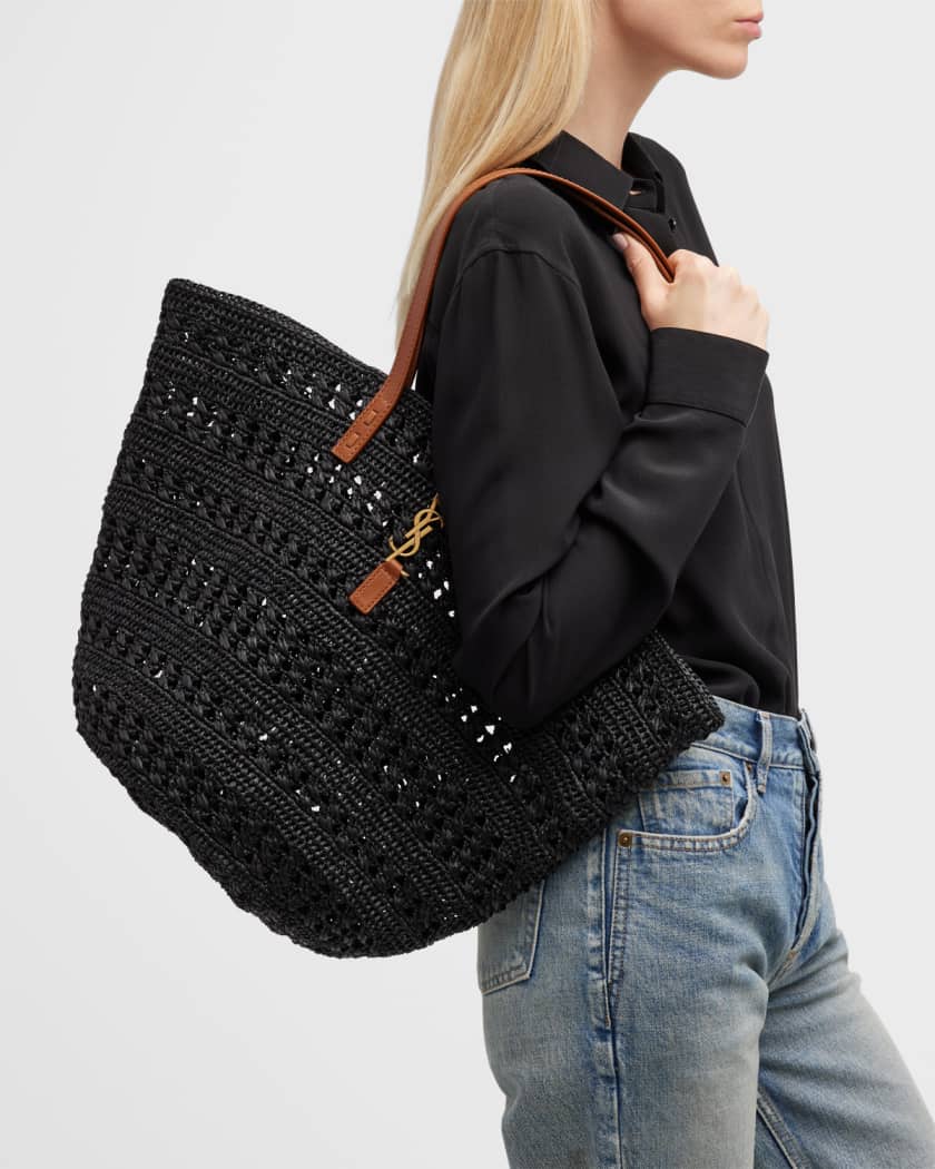 panier medium bag in crochet raffia and smooth leather