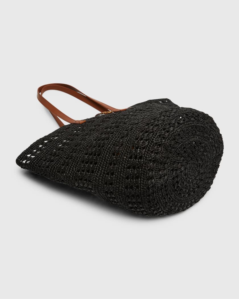 panier medium bag in crochet raffia and smooth leather