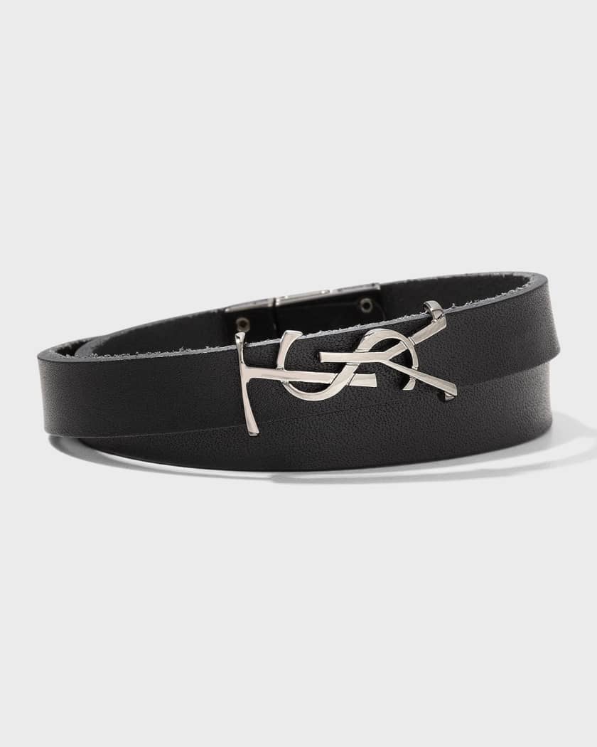 Saint Laurent Leather YSL Monogram Double-Wrap Bracelet, Black