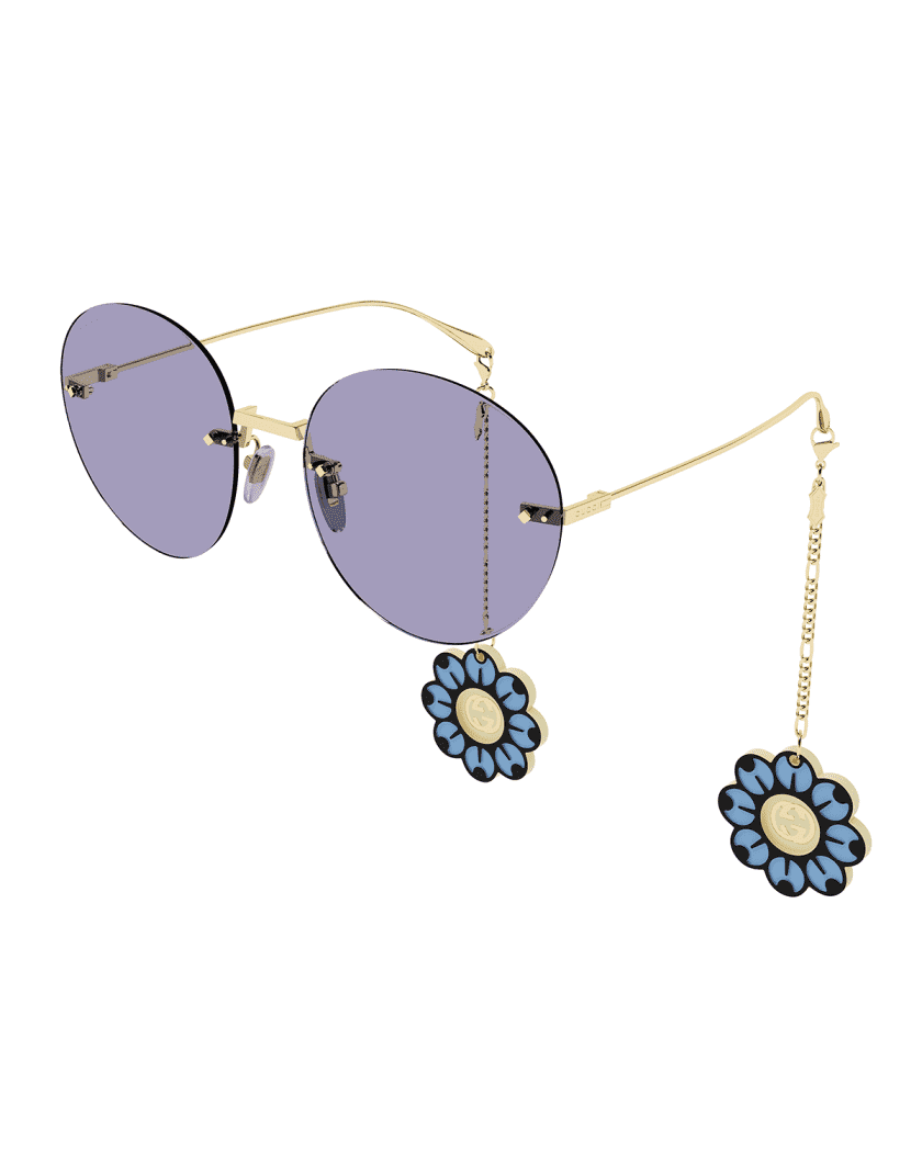 Gucci Rimless Round Metal Sunglasses w/ Flower Charms