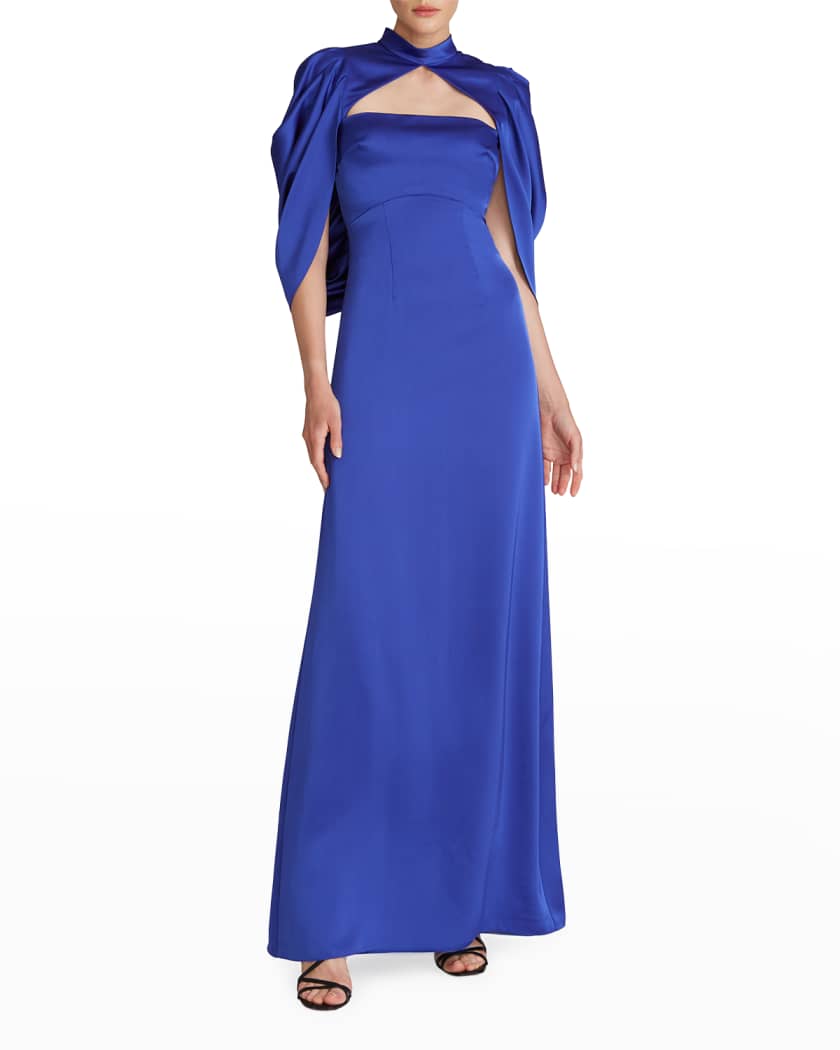 Theia Carrie Draped Cape-Sleeve Gown ...