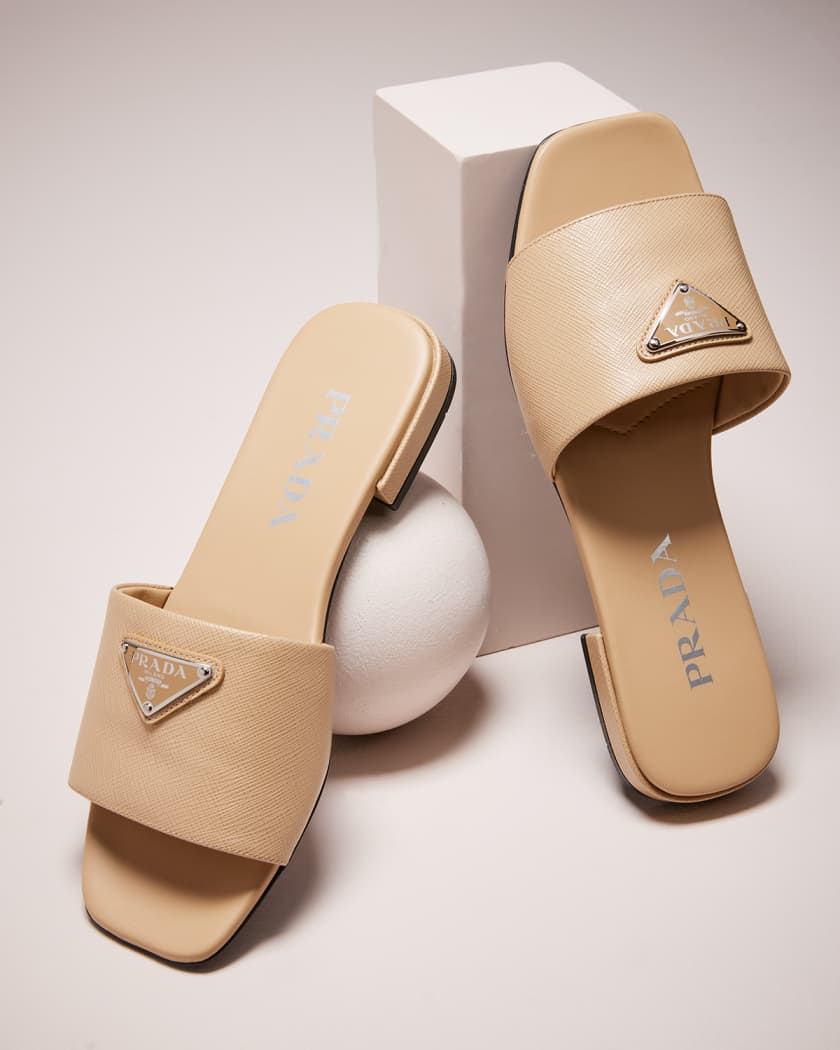 Prada Calfskin Logo Flat Slide Sandals Neiman Marcus