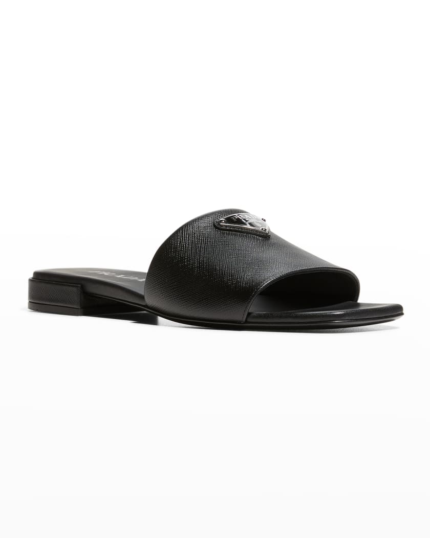 Prada Calfskin Logo Flat Slide Sandals | Neiman Marcus