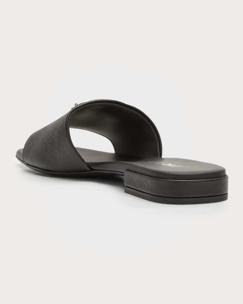 Prada Calfskin Logo Flat Slide Sandals | Neiman Marcus