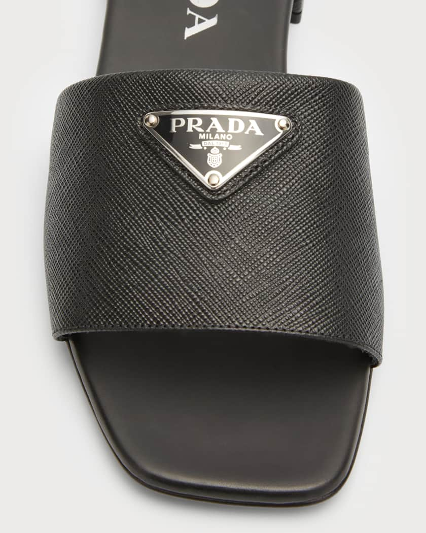 Prada Calfskin Logo Flat Slide Sandals | Neiman Marcus