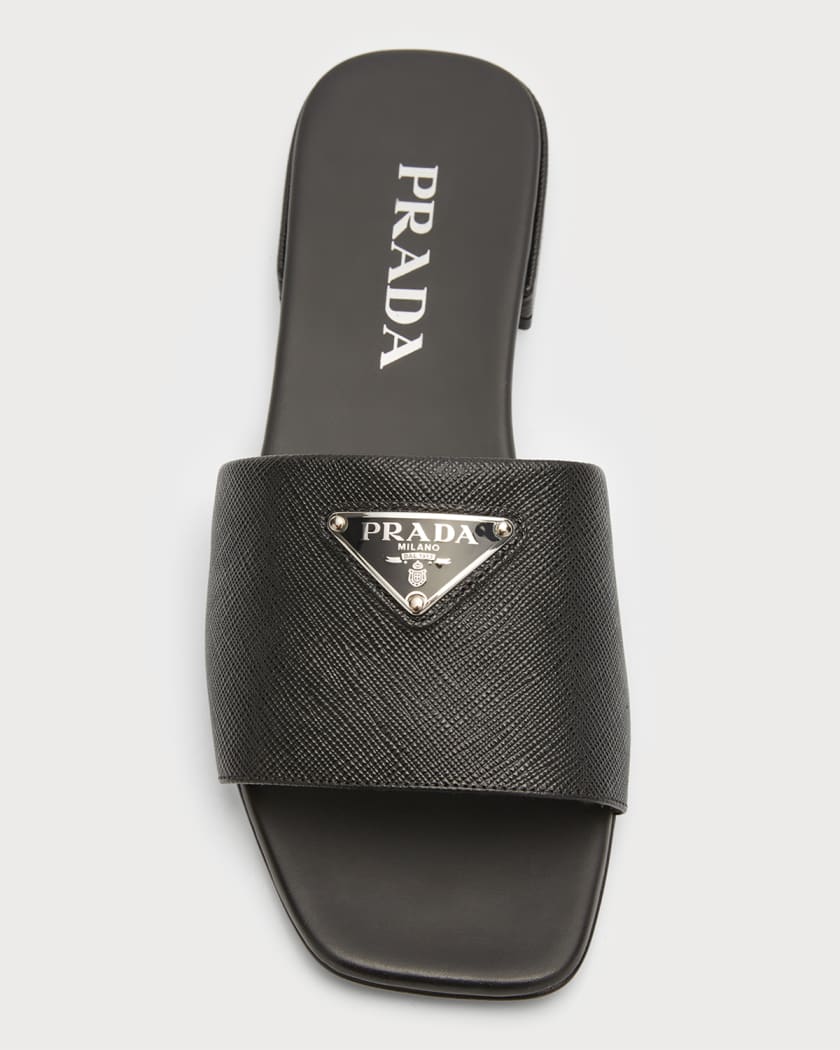 Prada Calfskin Logo Flat Slide Sandals | Neiman Marcus