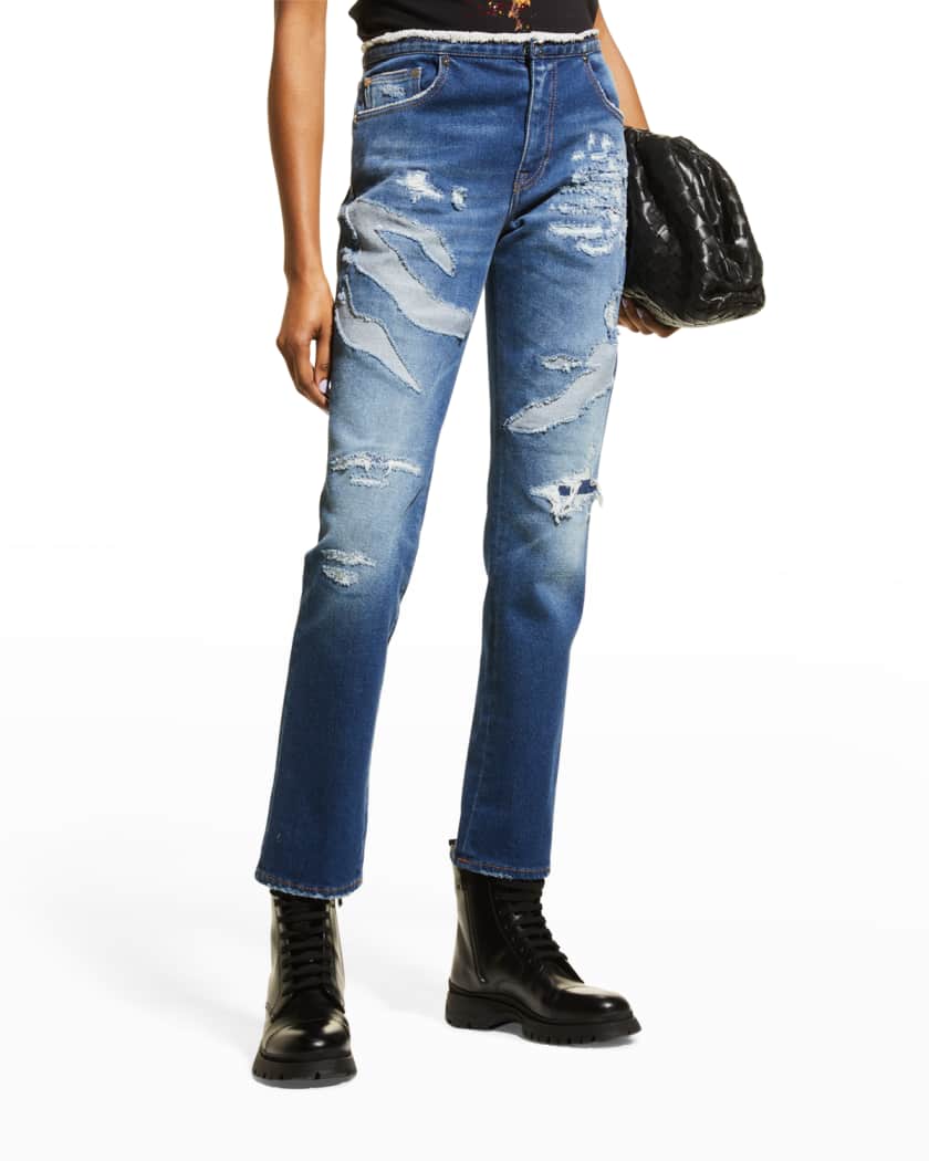 Just Cavalli Denim Distressed Straight-leg Jeans in Blue Womens Clothing Jeans Straight-leg jeans 