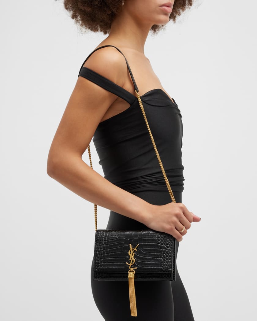 SAINT LAURENT Kate YSL Monogram Croc-Embossed Leather Crossbody Chain Wallet Bag