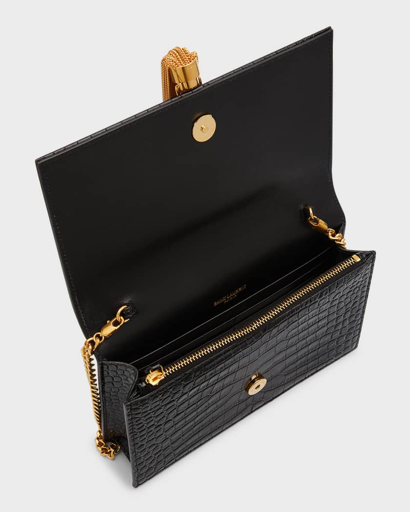 CASSANDRE chain wallet in crocodile-embossed shiny leather