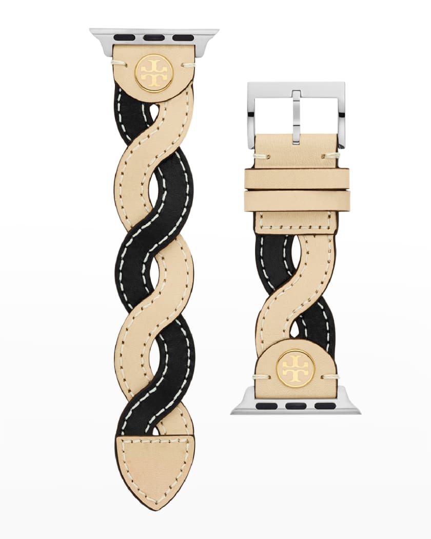 Tory Burch Braided Leather Apple Watch Band in Black and White, 38-40mm