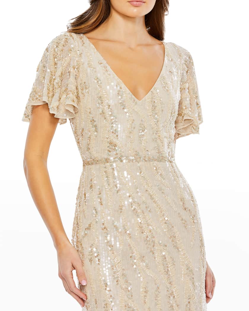 Mac Duggal Sequin & Beaded Flutter-Sleeve Dress | Neiman Marcus
