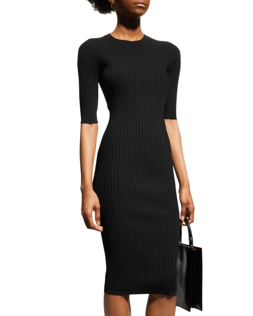 Rib Elbow-Sleeve Midi Sheath Dress