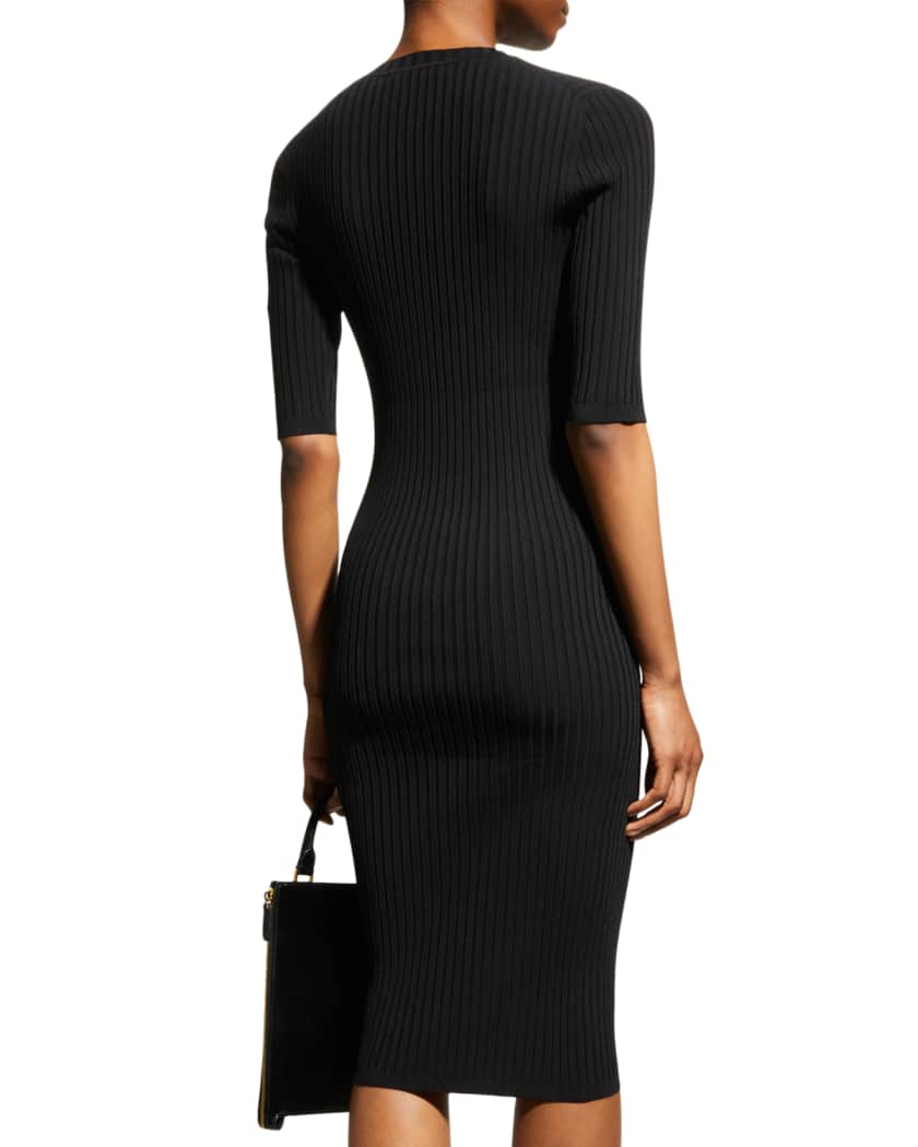 Rib Elbow-Sleeve Midi Sheath Dress