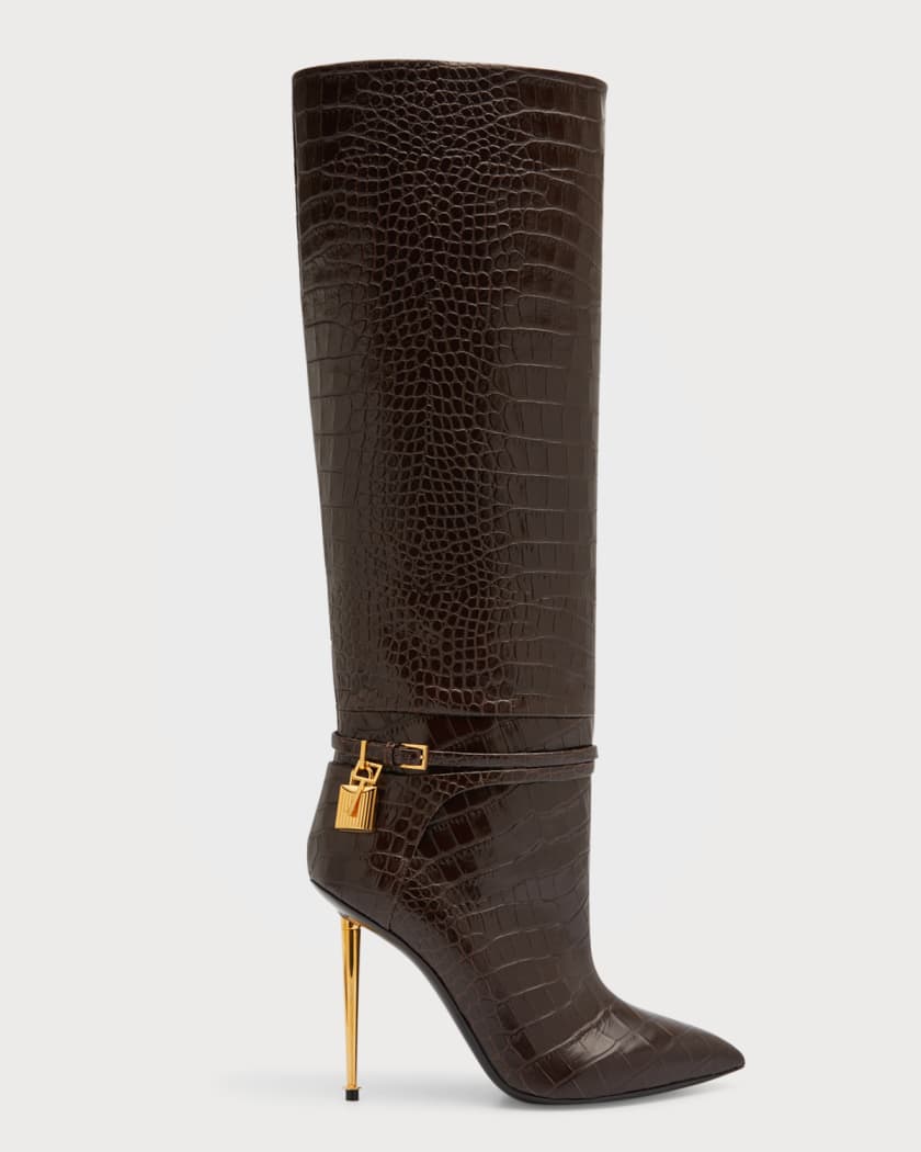 TOM FORD Lock Croco Stiletto Knee Boots | Neiman Marcus