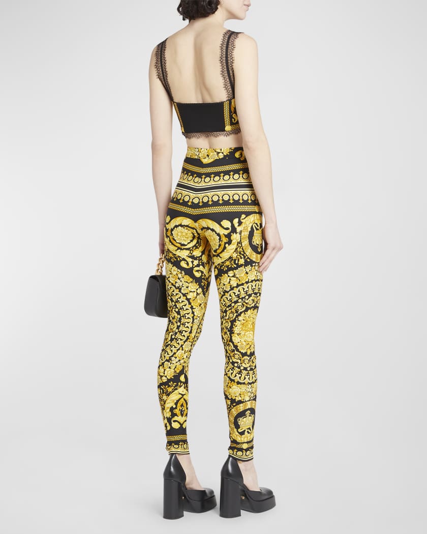 Versace Black And Gold Leggings With Baroque Print In Multi