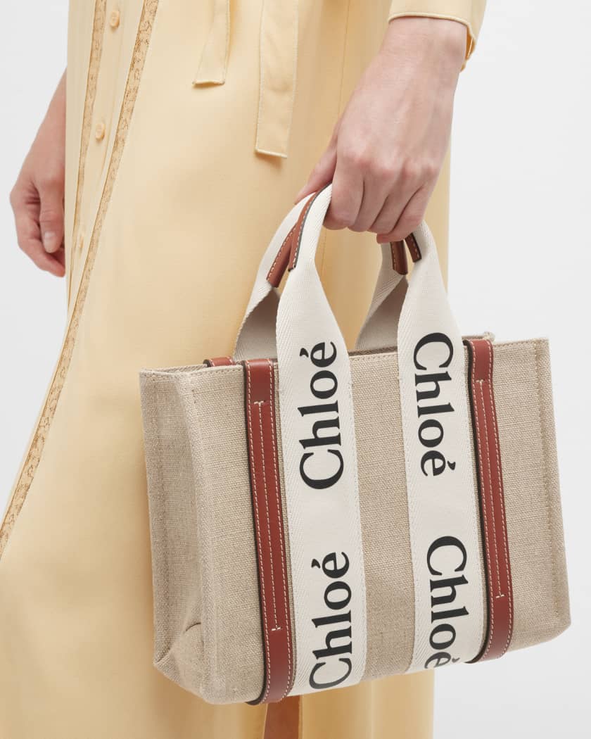 Chloe Woody Small Tote Bag in Linen with Crossbody Strap