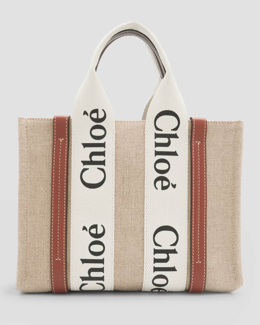 Chloe Woody Small Tote Bag in Linen with Crossbody Strap