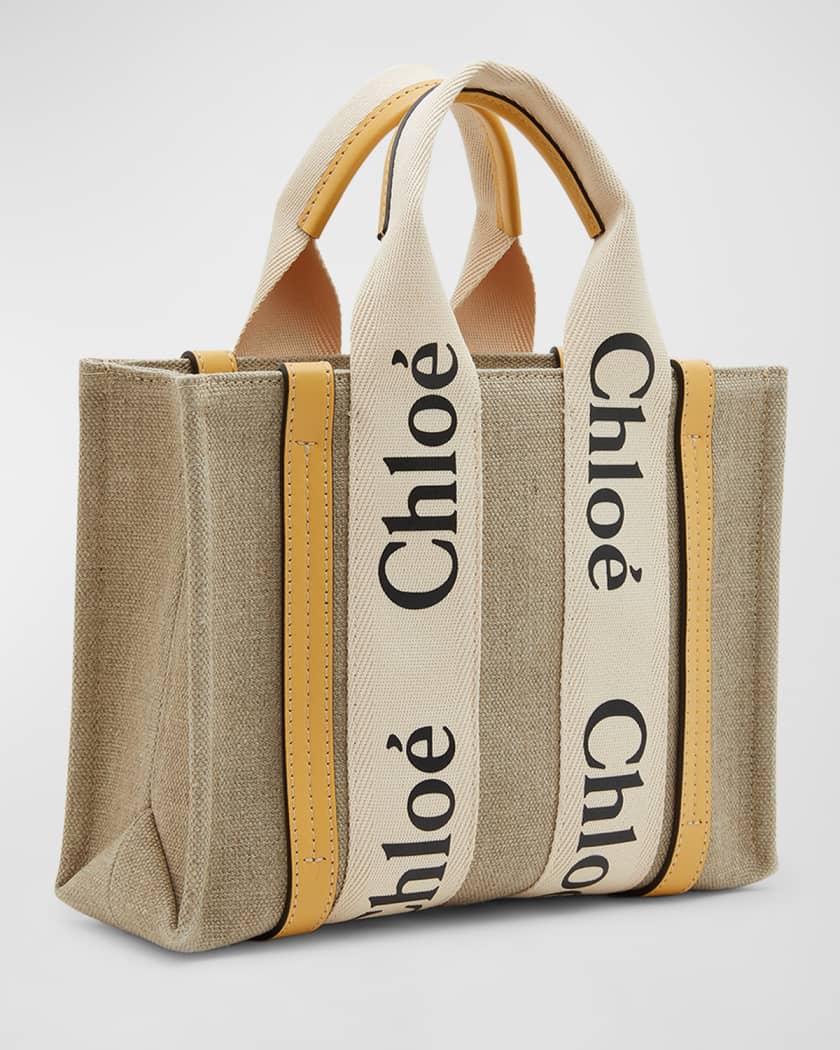 Chloé Woody Mini Linen Canvas Calfskin Tote Bag (Mini Bags