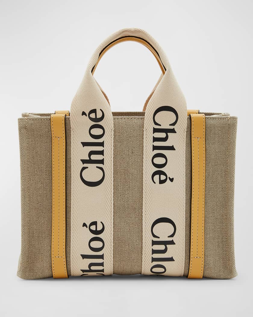 Chloe Woody Linen Tote Bag Medium Logo Straps Brown Leather