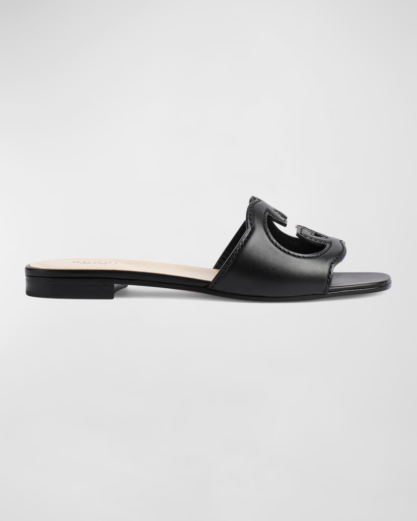 Gucci Leather Logo Cutout Flat Sandals | Neiman Marcus