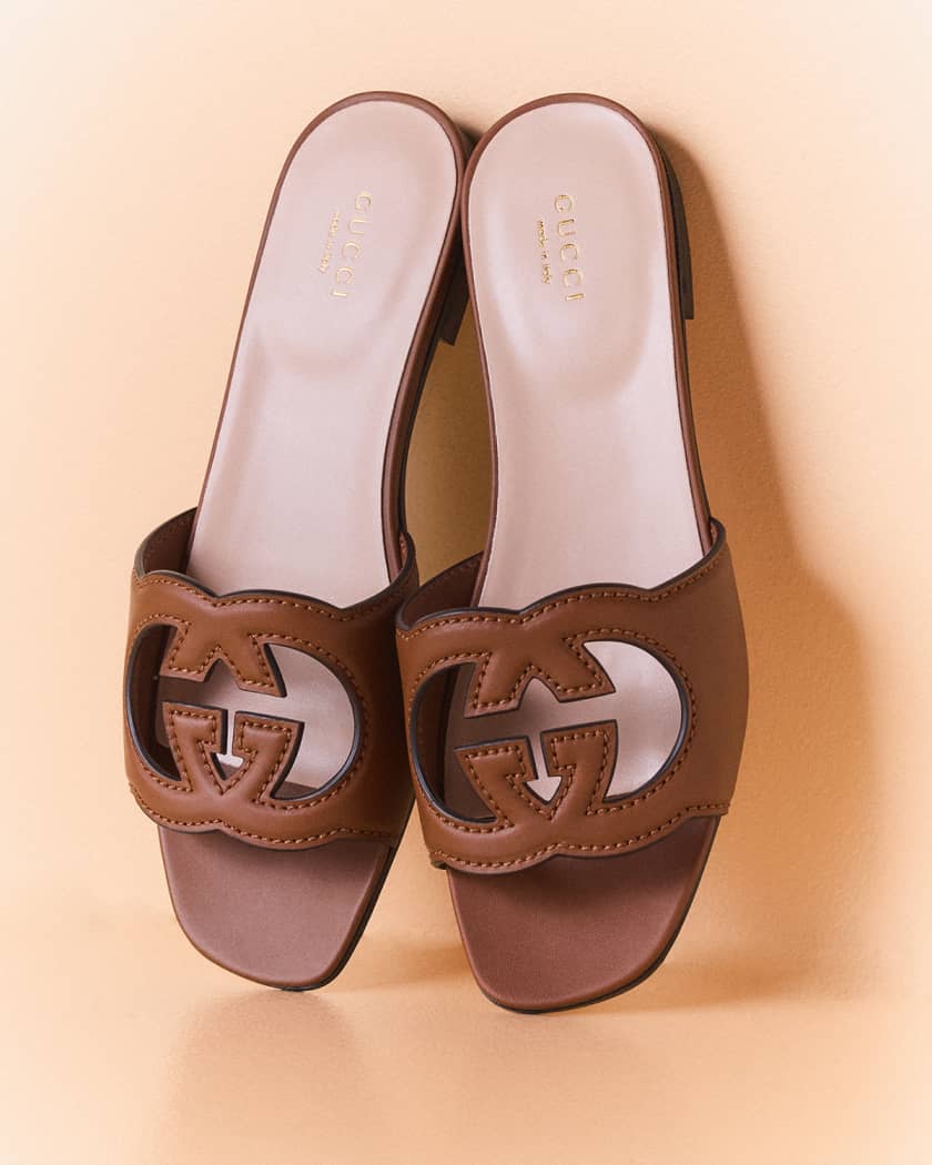 Leather Logo Cutout Flat Sandals
