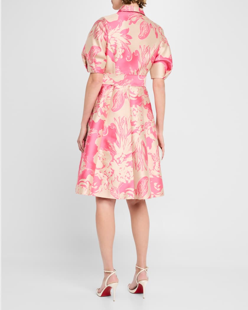 Floral Jacquard Puff-Sleeve Shirtdress