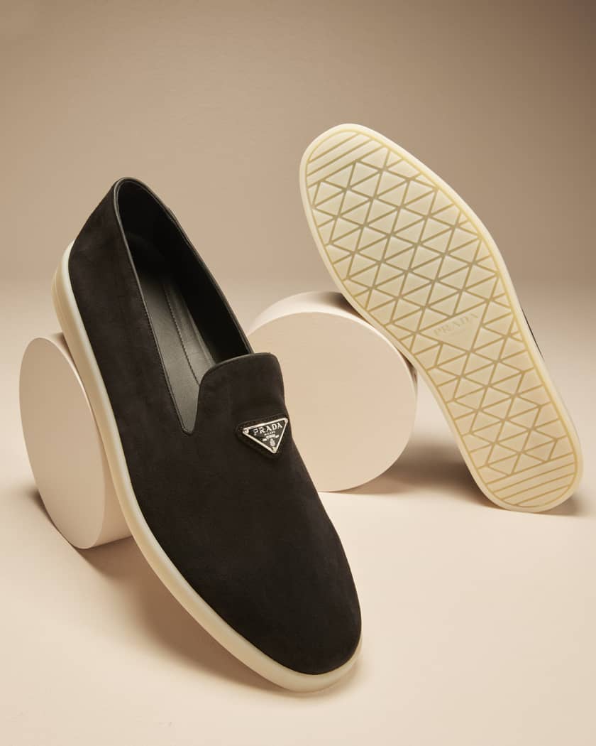 stribet udledning Almægtig Prada Men's Triangle Logo Suede Loafers | Neiman Marcus