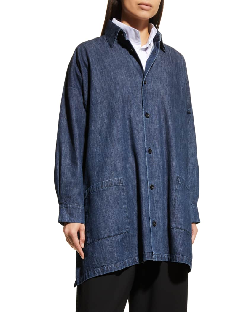 Eskandar Wide A-Line Denim Shirt Jacket With Collar (Very Long