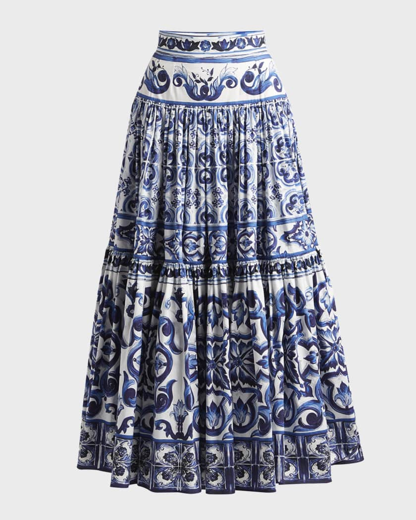 Dolce&Gabbana Tile-Print Tiered Poplin Maxi Skirt | Neiman Marcus